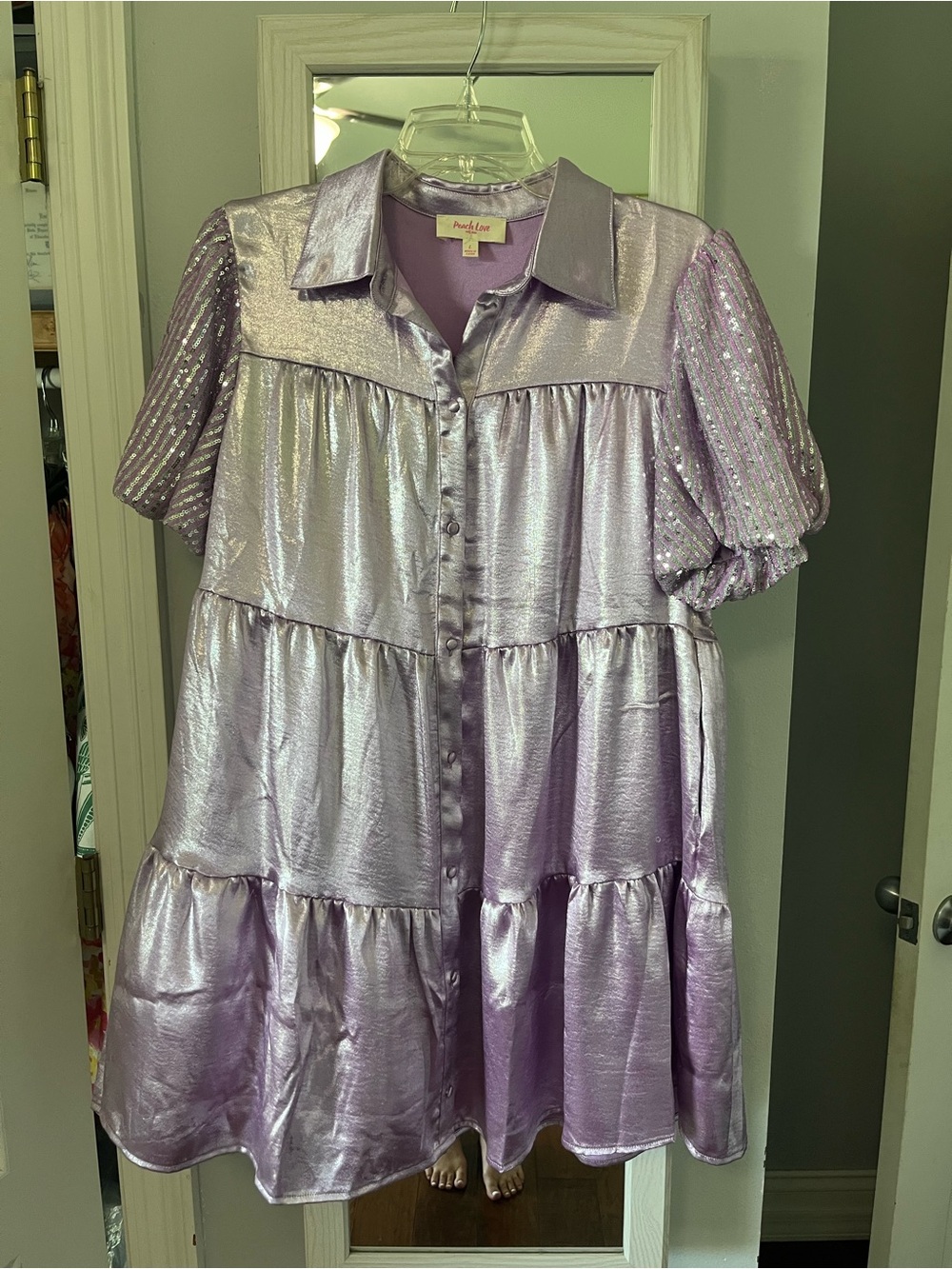 Peach Love California Metallic Lilac Tiered Button-Front Dress